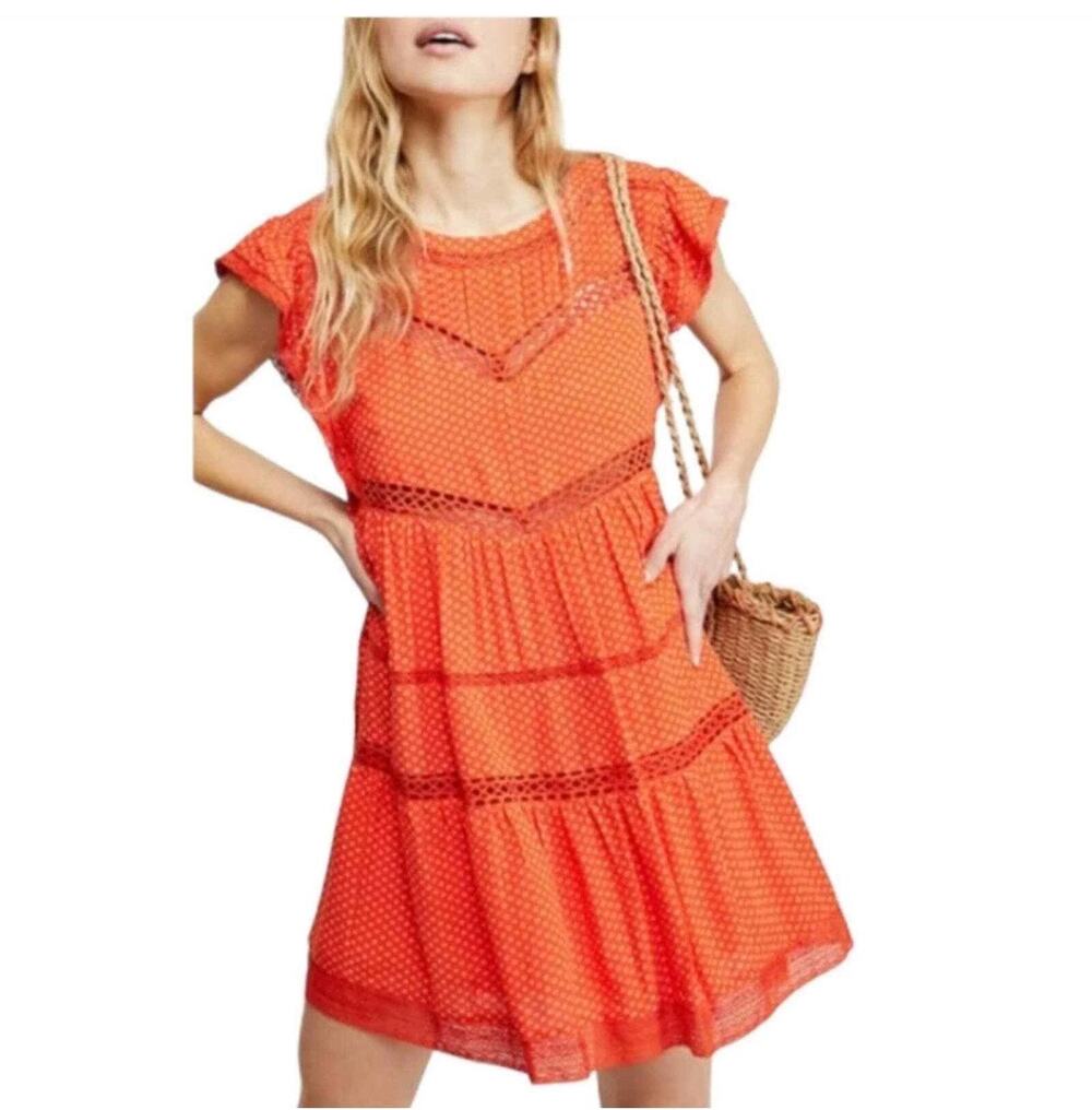 Free People Retro Kitty Crochet Orange Midi Dress Pockets S EUC